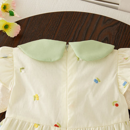 Baby Girl Clothing Summer Bow And Floral Pattern Doll Neck Girl Kid's Dress Cute Gentle Casual Baby Girl Dress