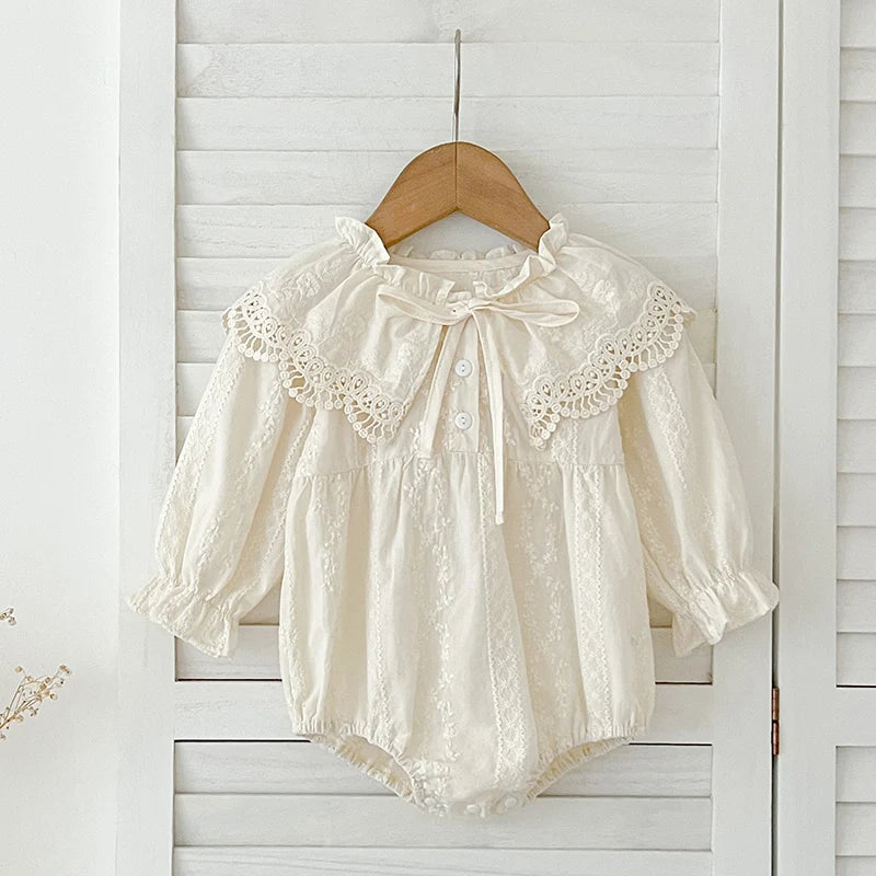 Newborn Bodysuit 0-2Yrs Clothes Fashion Baby Romper Lace Peter Pan Collar Princess Bow Romper Long Sleeves Infant Girl Jumpsuit