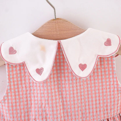 2PCS/SETSummer Girls' Dress New Foreign Trade Sweet Love Embroidered Lapel Simple Plaid Tank Top Skirt Strap Bag