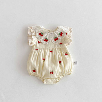 0-2 Y Baby Clothes Lace Collar Bodysuit Cherry Embroidery Baby Bodysuit & One Piece Infant Birthday Clothing
