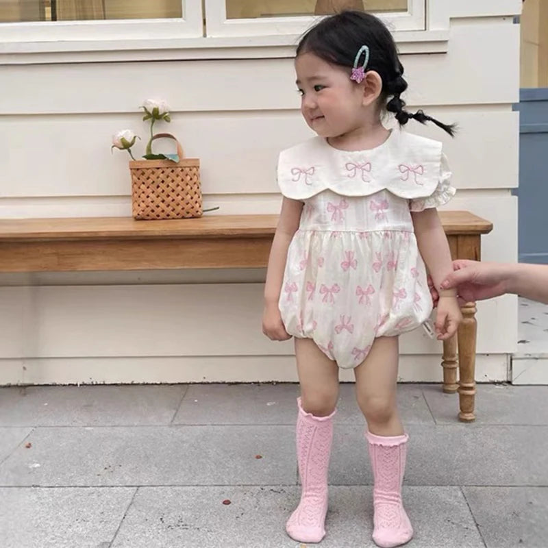 Summer Cotton Baby Bodysuit Newborn Clothing Pink Princess Baby Girls Princess Bodysuit Embroidered Bow Infant Girls Bodysuits