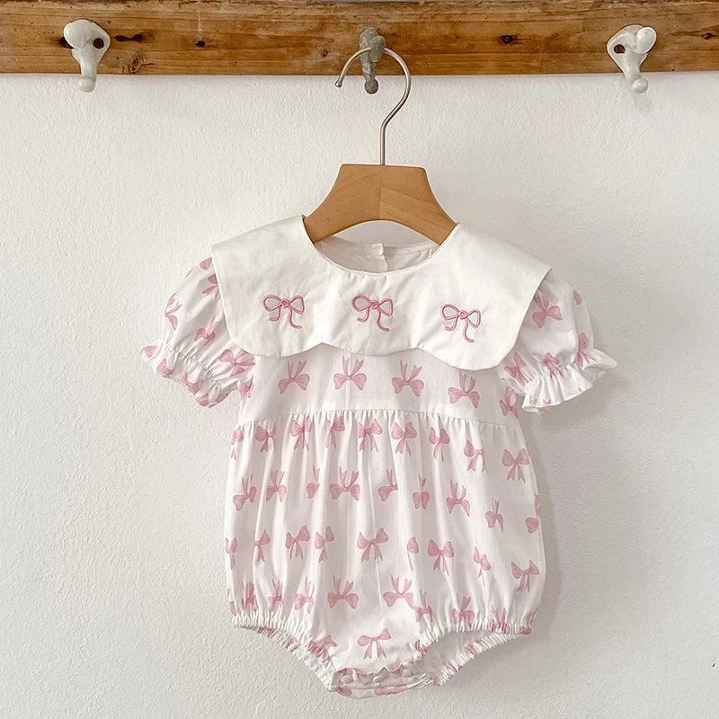 Summer Cotton Baby Bodysuit Newborn Clothing Pink Princess Baby Girls Princess Bodysuit Embroidered Bow Infant Girls Bodysuits